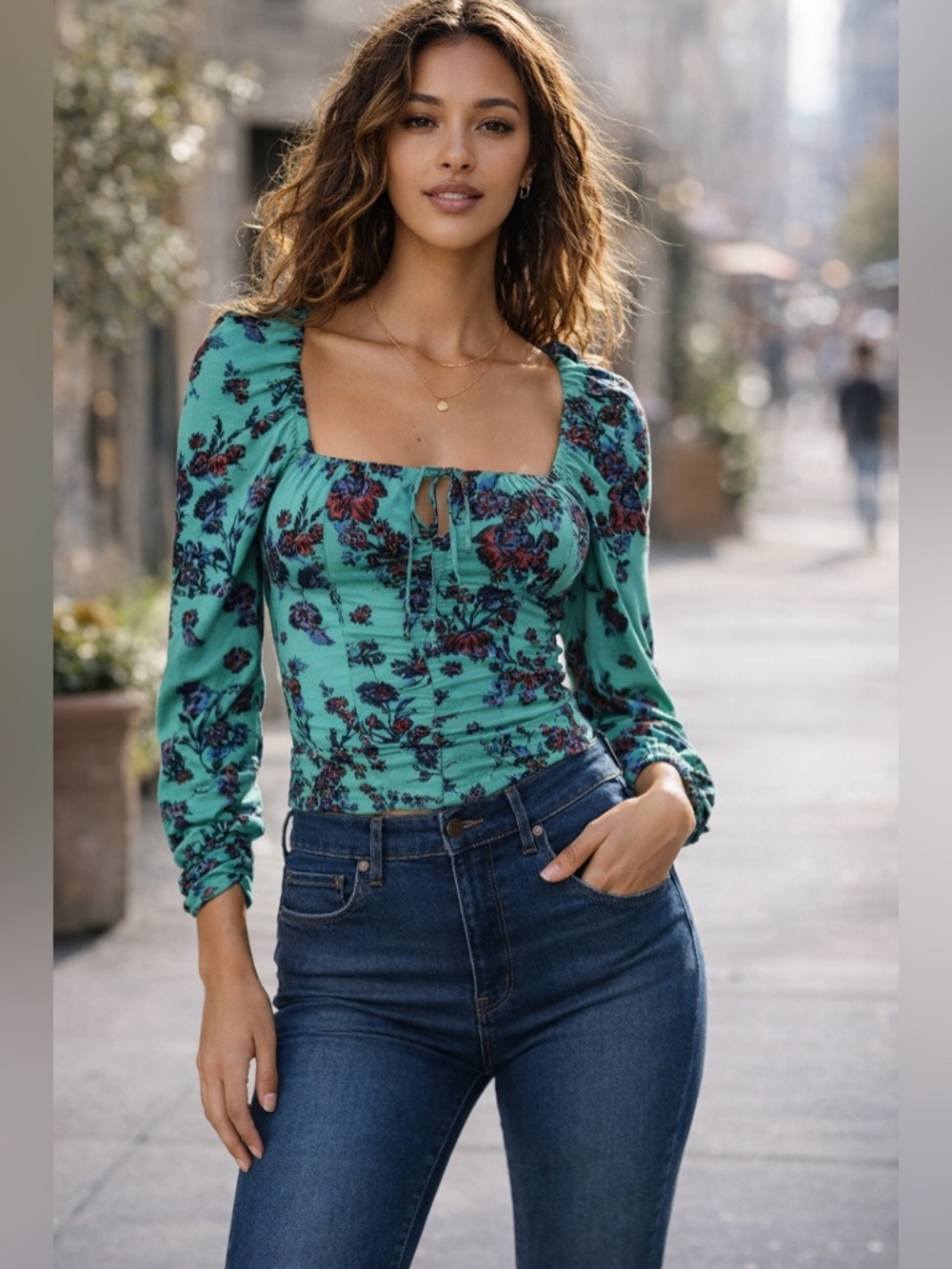 Free People Hilary Green Floral Smocked Top NWT Large